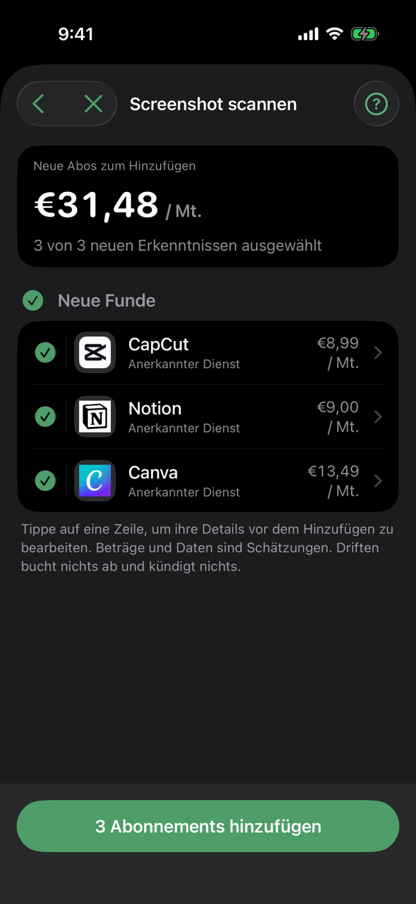 Der Kontoauszug-Import von Driften: neue Funde und bereits erfasste Abos, abgeglichen mit deinem Auszug