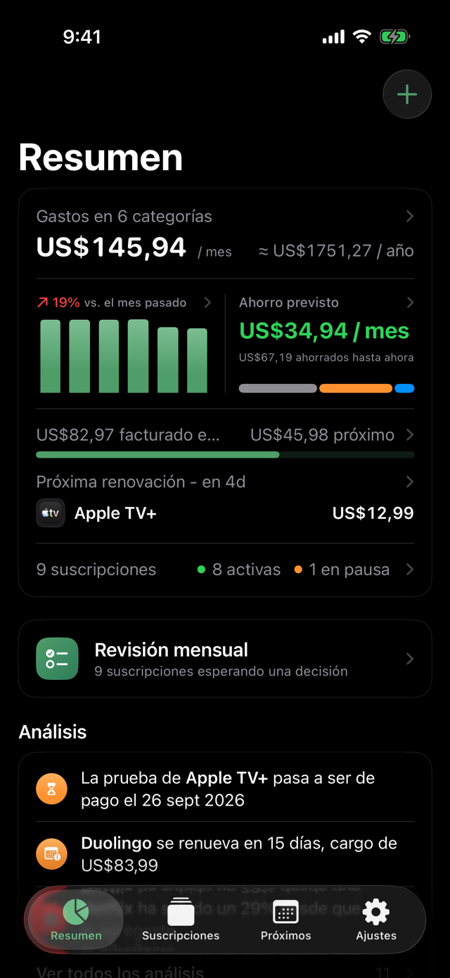 La pantalla Resumen de Driften: total de gastos mensuales, ahorro previsto, próximas renovaciones y análisis