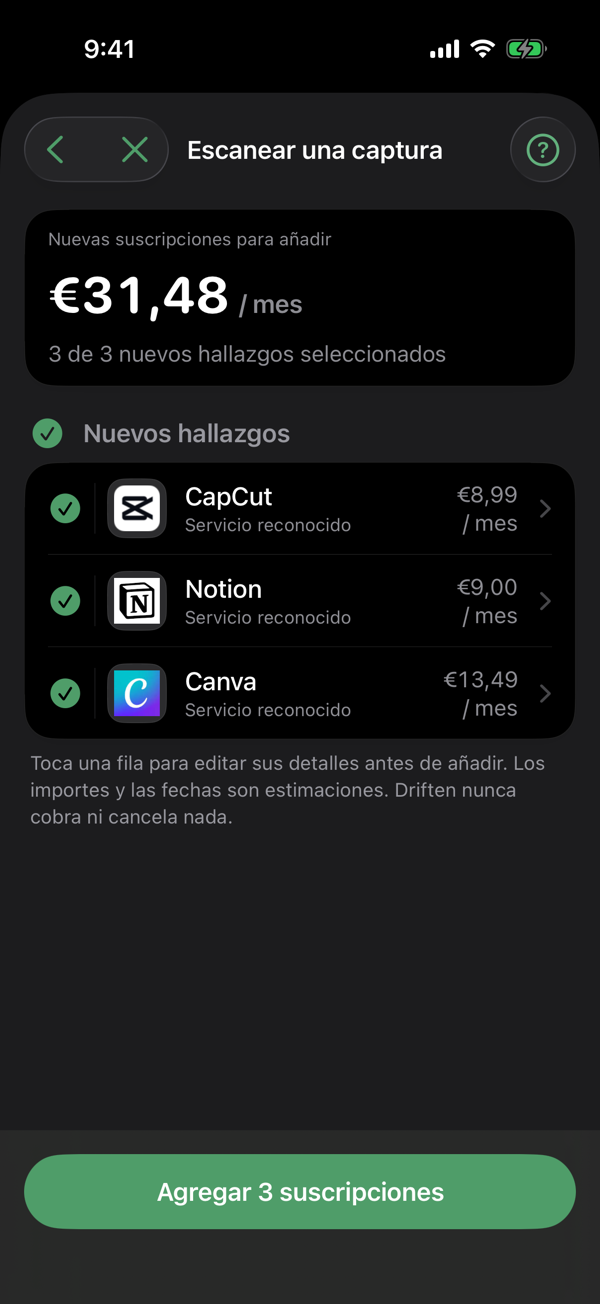 La importación del extracto bancario de Driften: nuevos resultados y suscripciones ya registradas, cotejadas con tu extracto