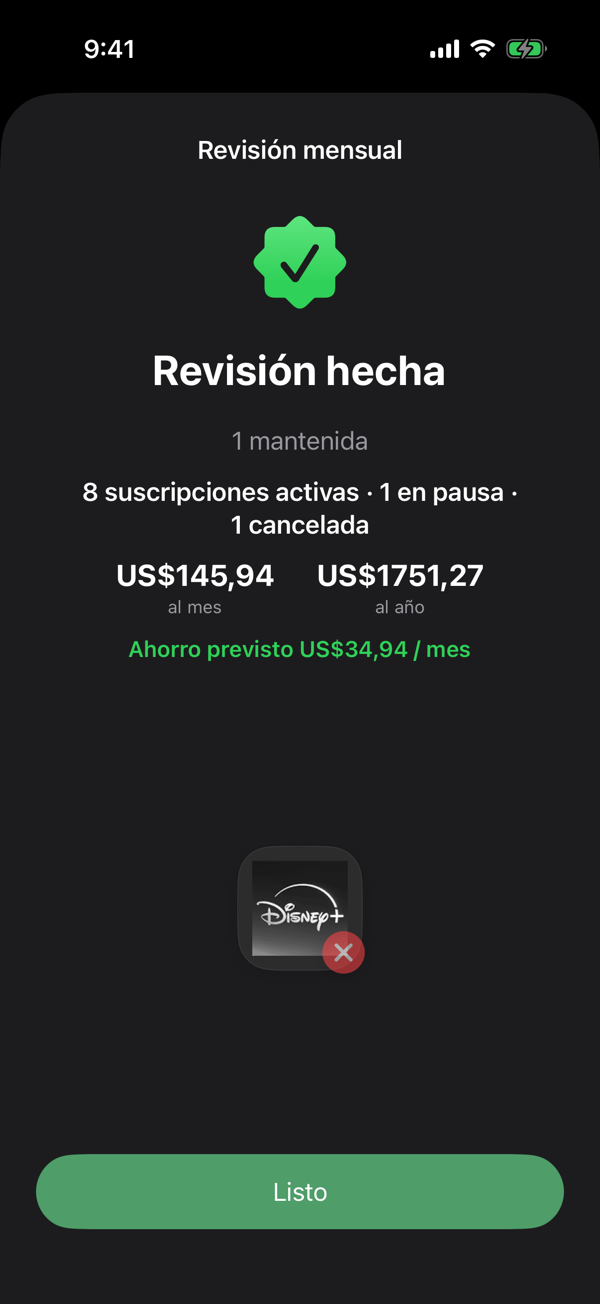 El resumen «Revisión completada» de la revisión mensual de Driften con las suscripciones revisadas