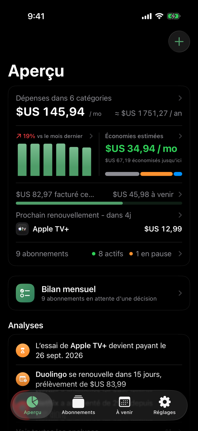 L’écran Aperçu de Driften : total des dépenses mensuelles, économies projetées, renouvellements à venir et analyses