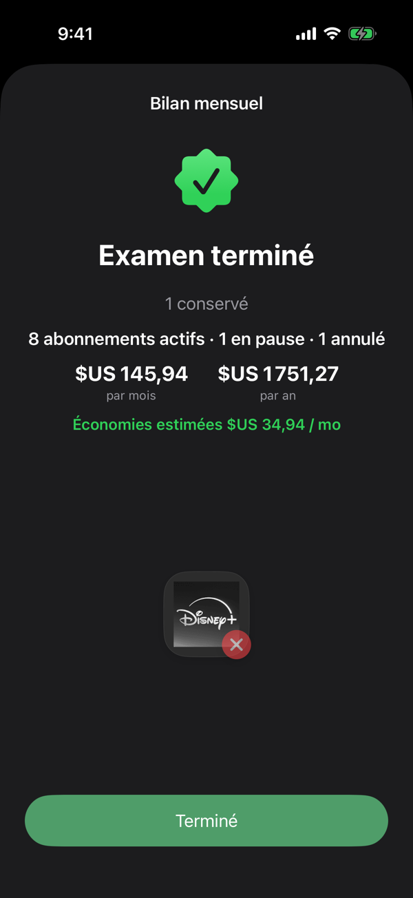 Le récapitulatif « Bilan terminé » du bilan mensuel de Driften avec les abonnements passés en revue
