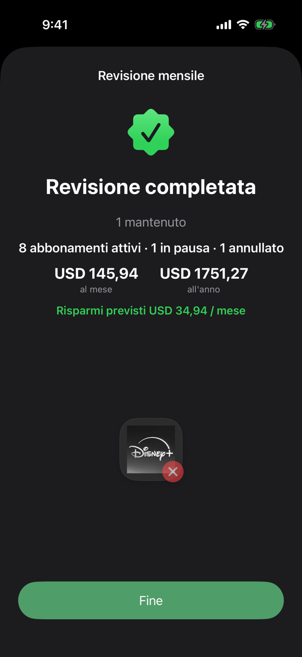 Il riepilogo «Revisione completata» della Revisione mensile di Driften con gli abbonamenti esaminati