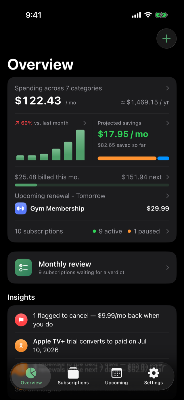 Driften's Overview screen: monthly spending total, projected savings, upcoming renewals, and insights
