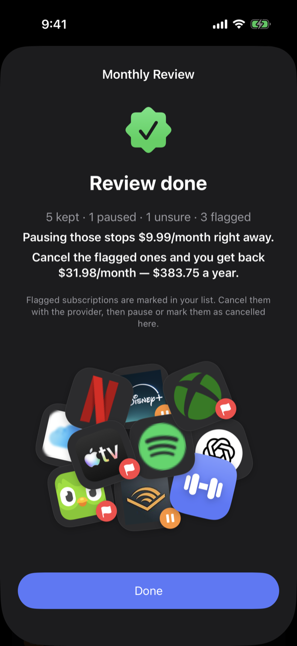 Driften's Monthly Review 'Review done' summary with the reviewed subscriptions